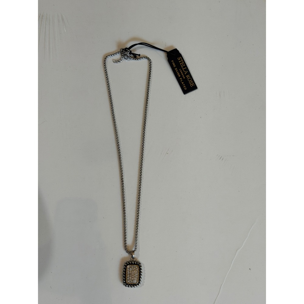 Stella Rose London Fine Silver Plated Pave Crystal Rectangle‎ Pendant Necklace